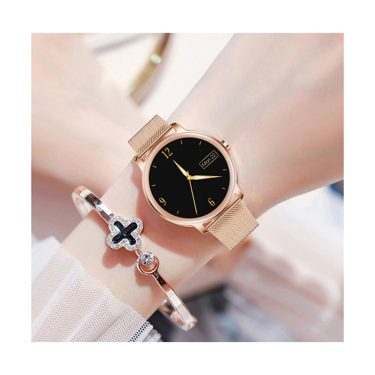 Montre Connectée Femme, Élégante avec Bracelet Milanais Argenté et