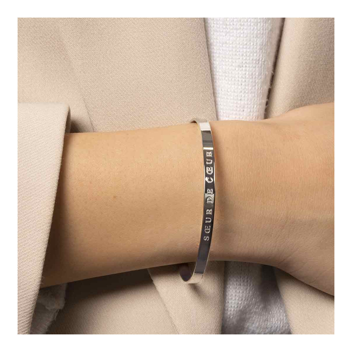 "SOEUR DE COEUR" Jonc argenté bracelet à message