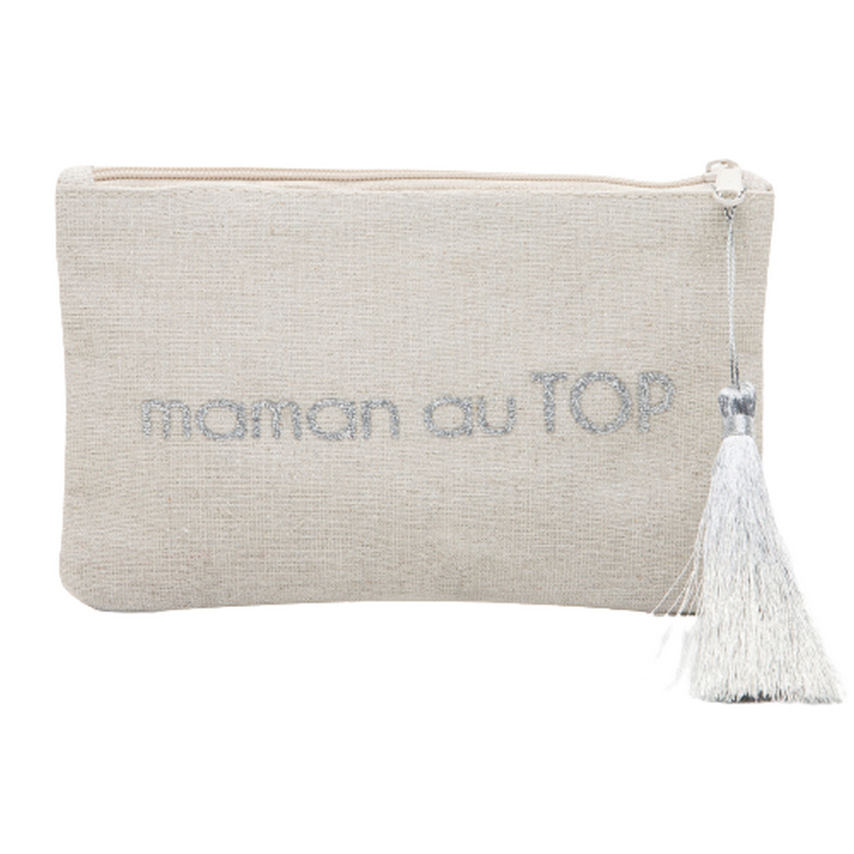 Petite pochette à message beige MAMAN AU TOP argenté Petite pochette à message beige MAMAN AU TOP argenté