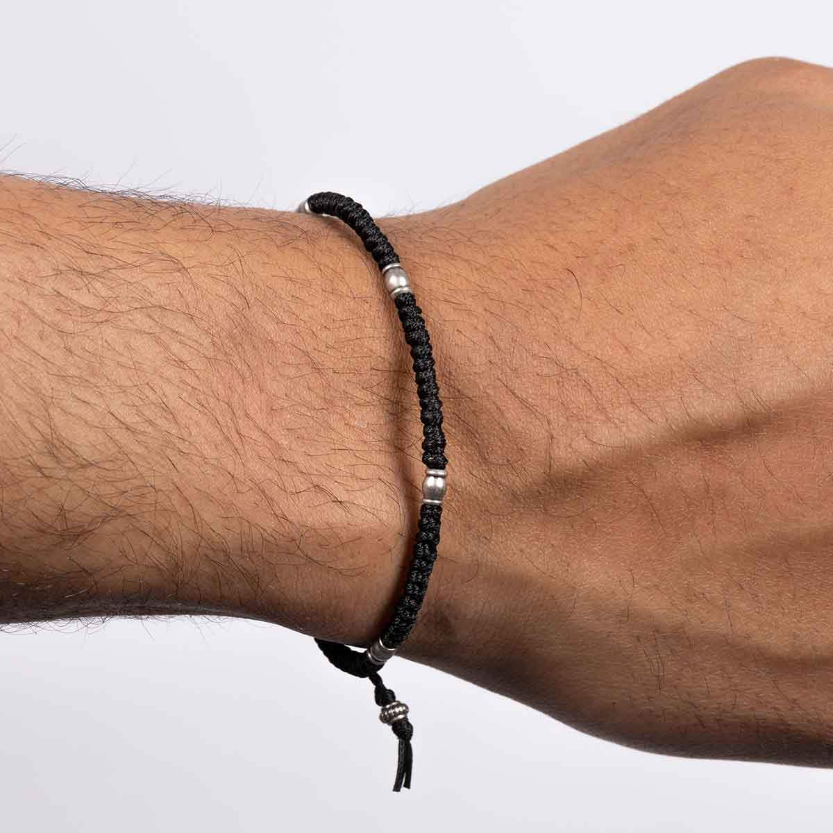 Bracelet Homme en corde cirée, perles argenté et ancre acier