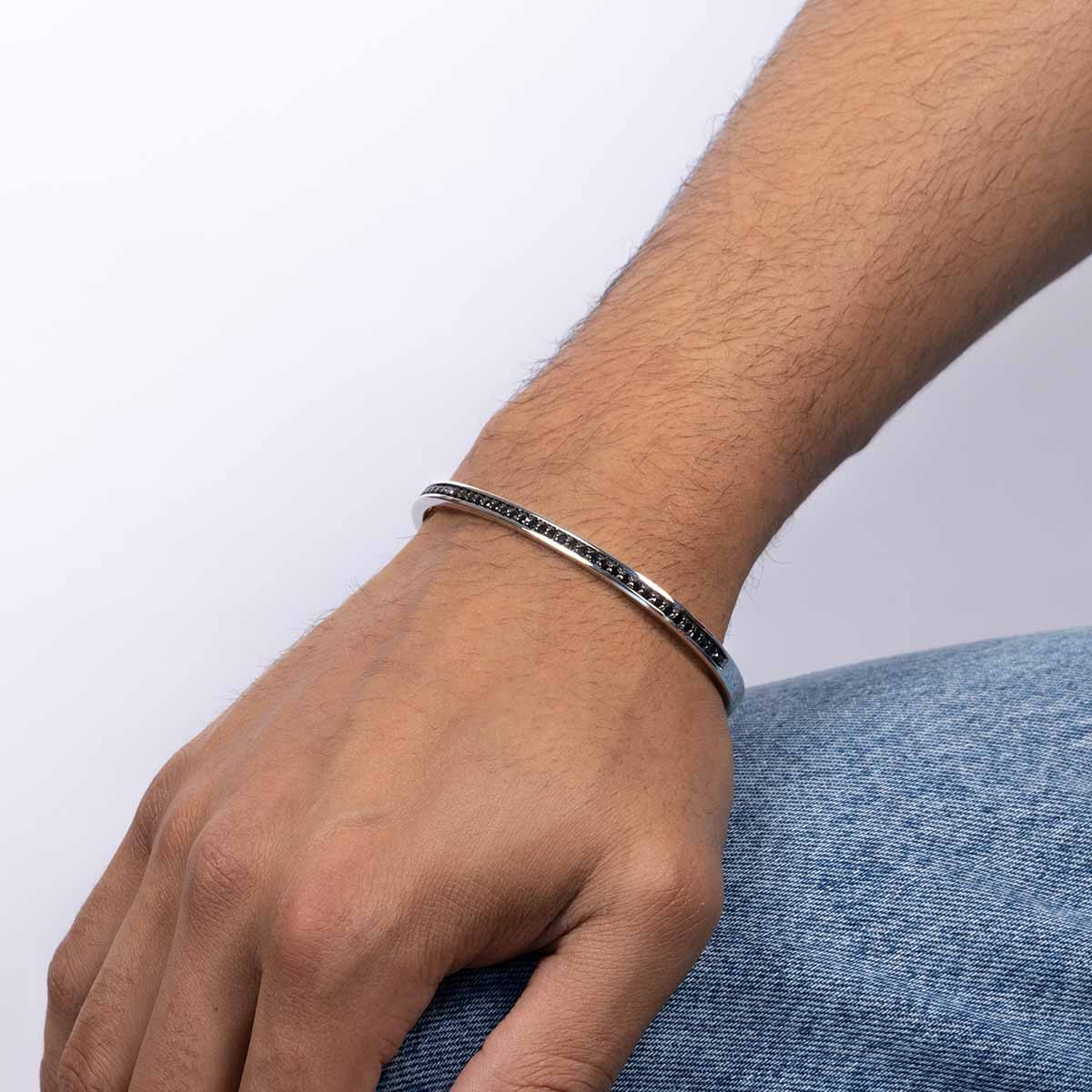 Bracelet jonc Homme ALBAN en Argent massif 925 et Zirconium Noirs Bracelet Homme Argent 925/1000 "Thalor"