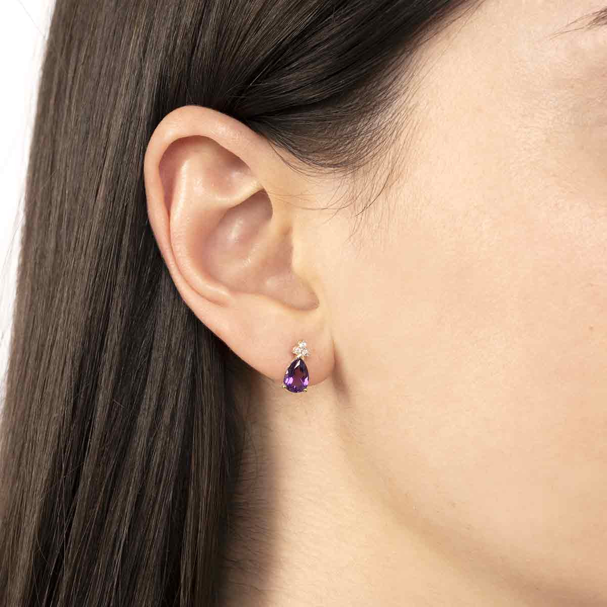 Boucles d'oreilles Or Jaune 375 Diamants et Améthyste