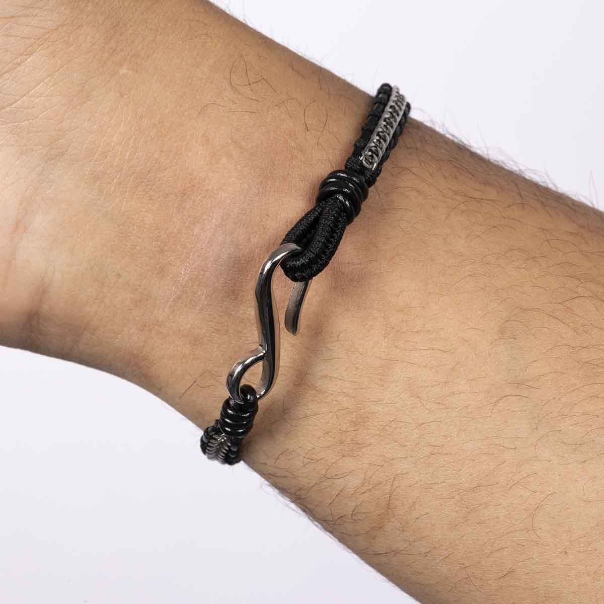 Bracelet Homme acier et cuir noir "GENTLEMEN" Bracelet Homme en cuir et acier "Drystan" Taille S