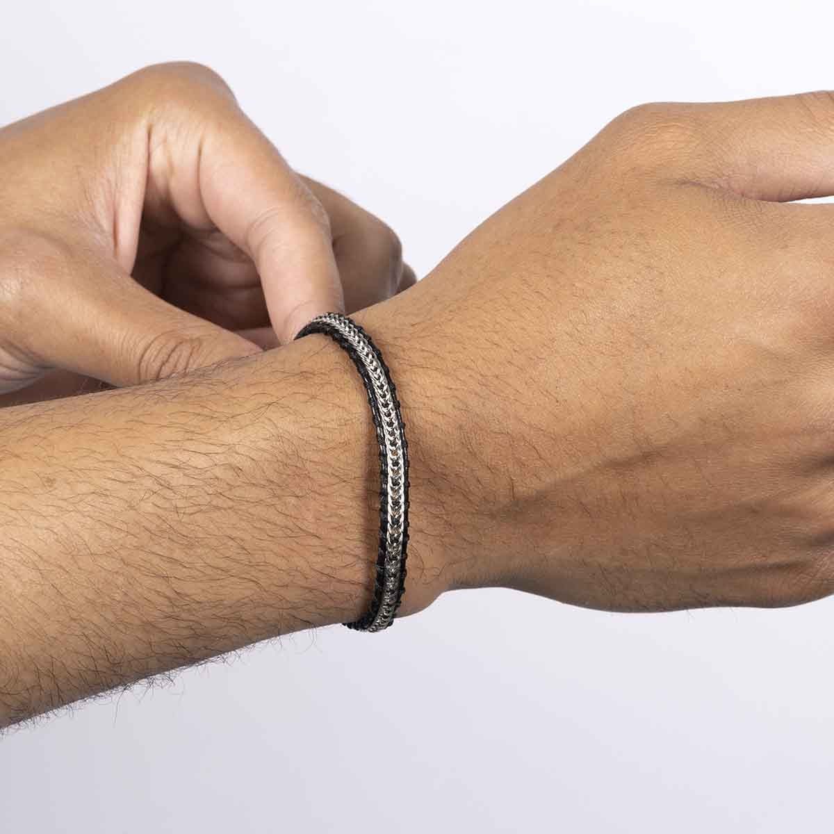 Bracelet Homme acier et cuir noir "GENTLEMEN" Bracelet Homme en cuir et acier "Drystan" Taille S