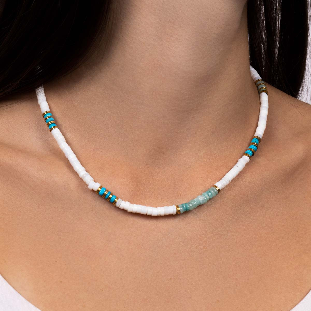 Collier "Inga" Amazonite Blanche, Opale et Turquoise