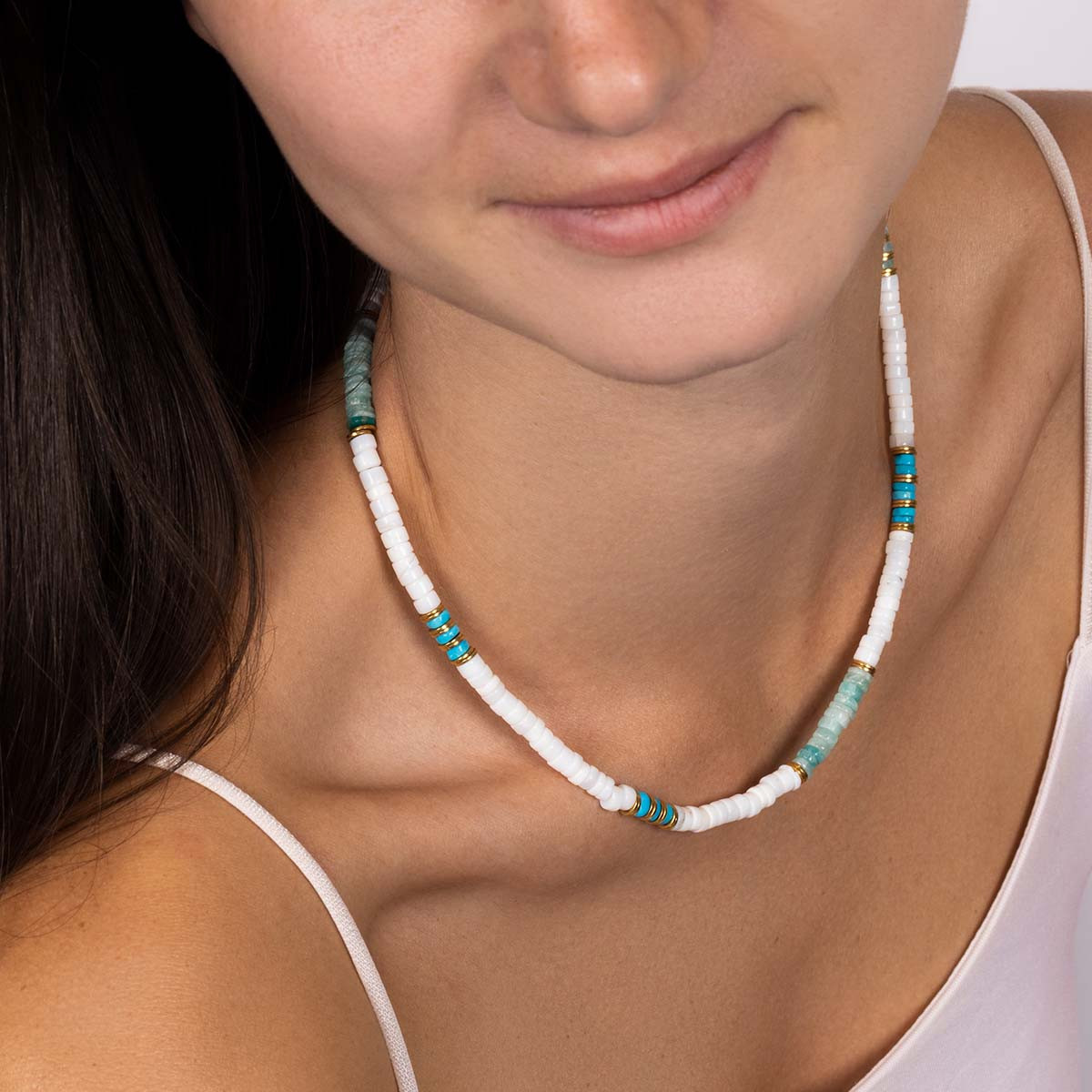 Collier "Inga" Amazonite Blanche, Opale et Turquoise