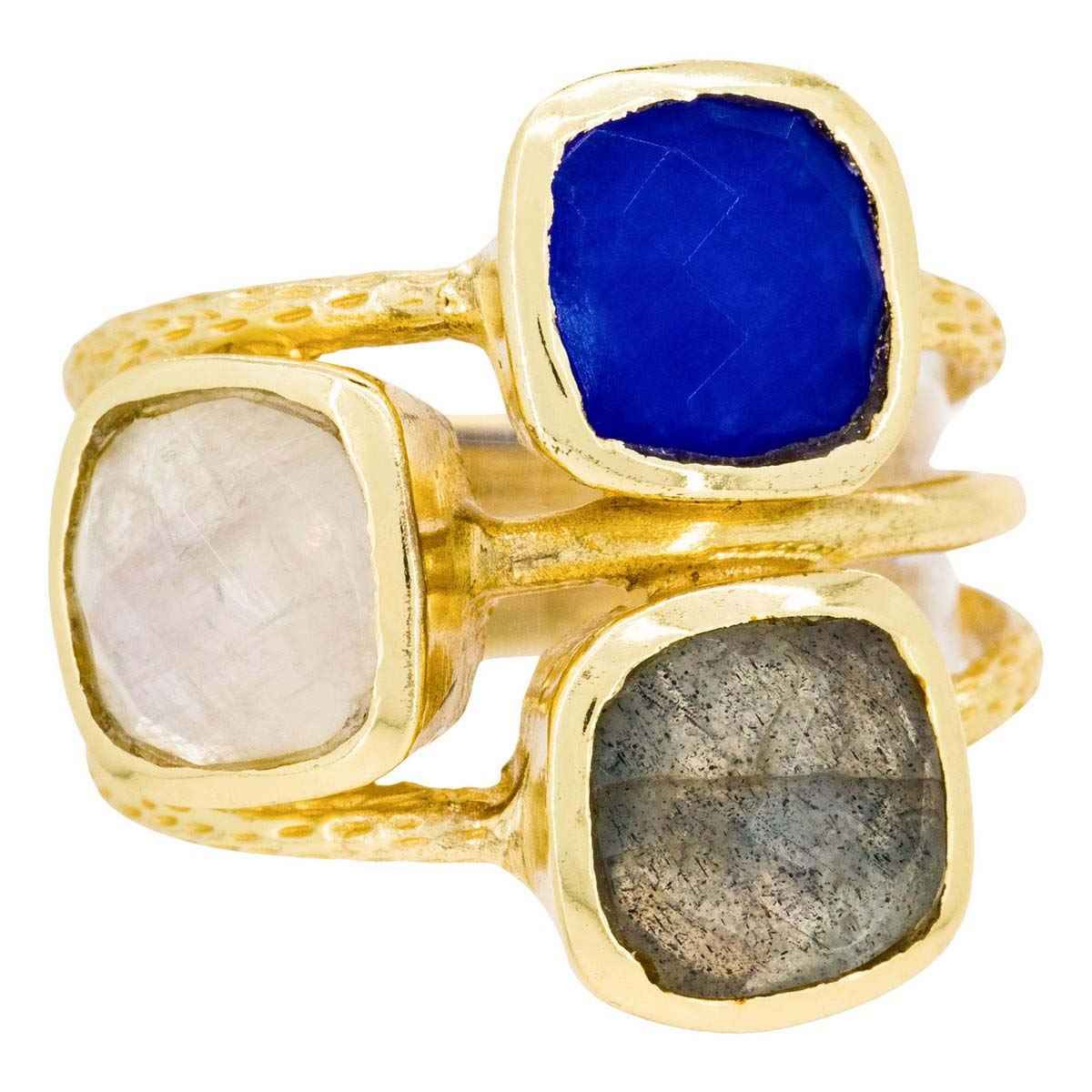 Bague "Cyclique" Jade et Labradorite et Pierre de lune Laiton doré
