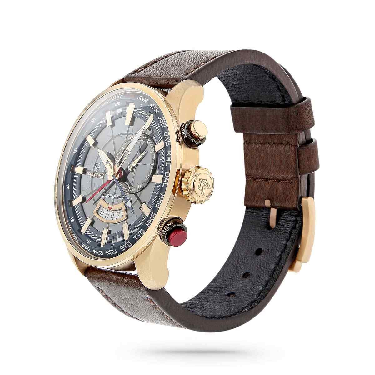 Montre Homme Foxter Avalone bracelet cuir marron, Boîtier Acier PVD Rose et fond bleu - FR6043C4BC2