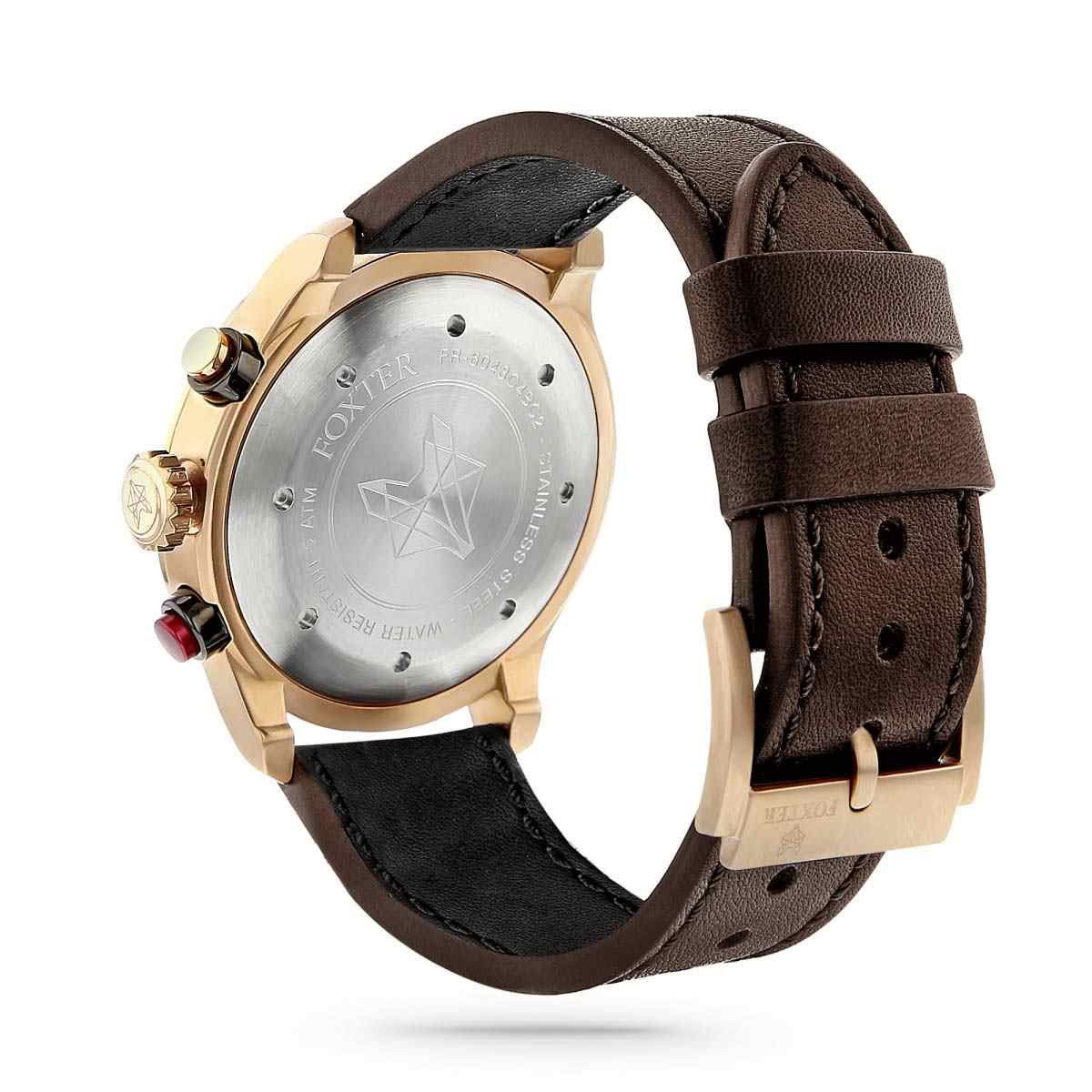 Montre Homme Foxter Avalone bracelet cuir marron, Boîtier Acier PVD Rose et fond bleu - FR6043C4BC2