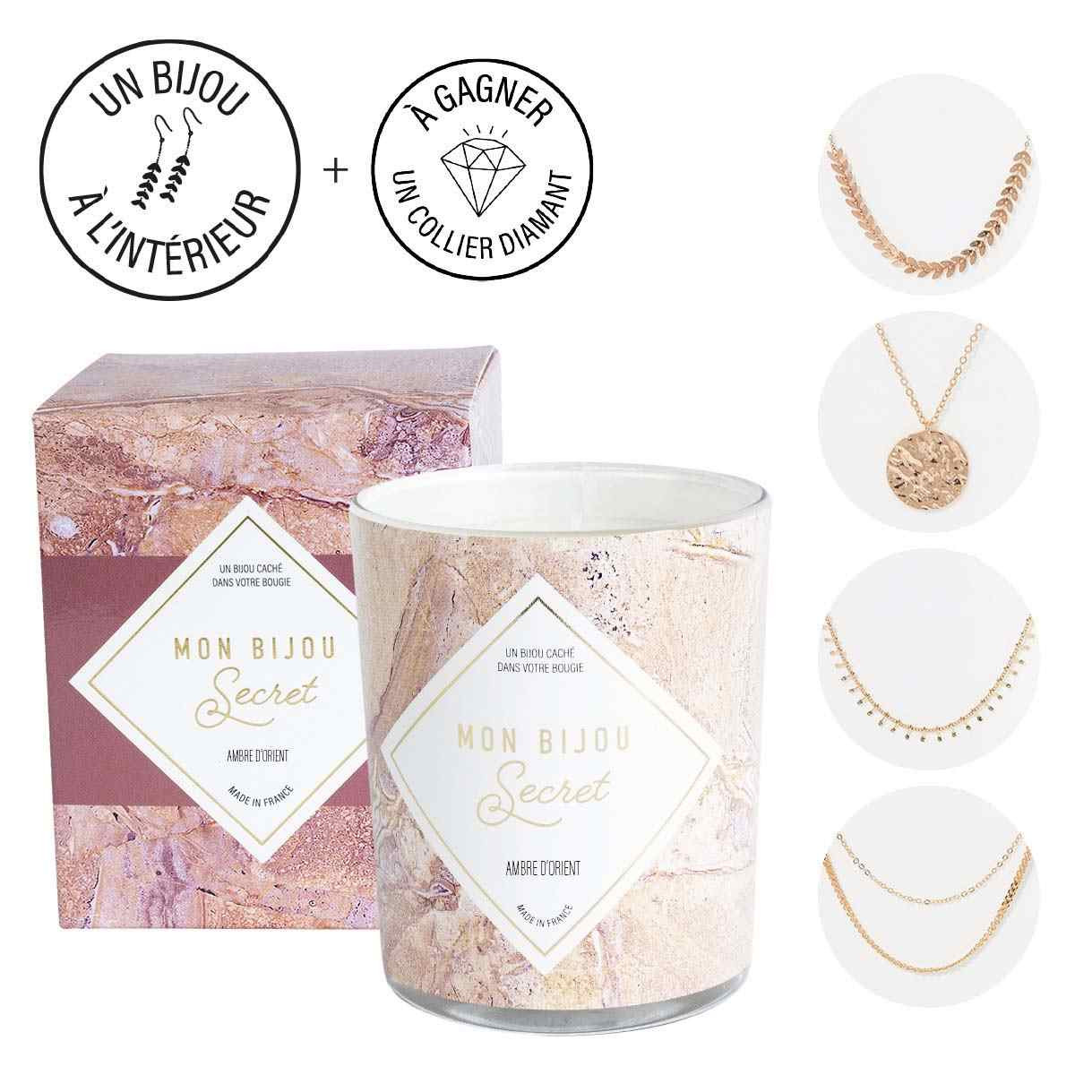 Bougie Bijou Collier doré - Parfum Ambre d'orient - 40h Bougie Bijou Collier doré - Parfum Ambre d'orient - 40h