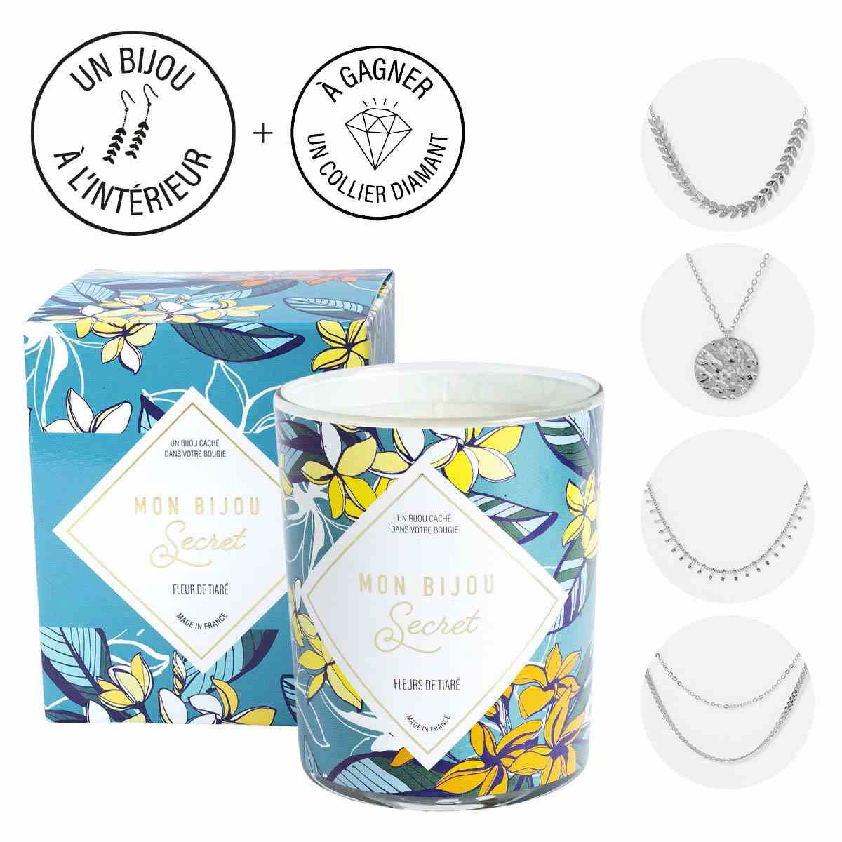 Bougie Bijou Collier argenté - Parfum Fleur de tiaré - 40h