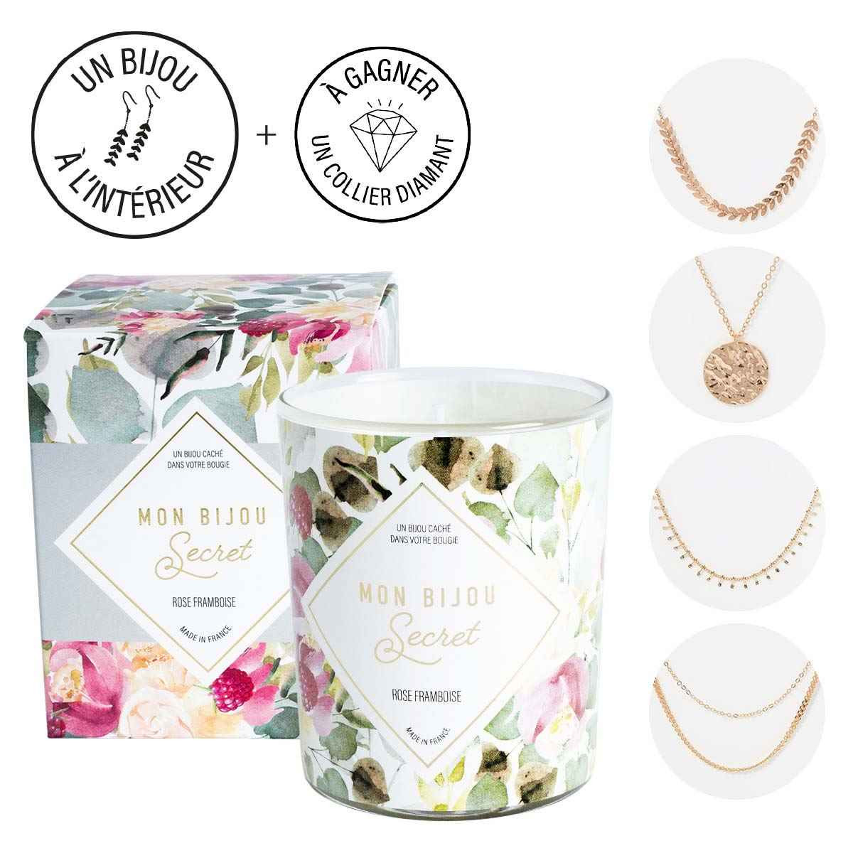 Bougie Bijou Collier doré - Parfum Rose Framboise - 40h Bougie Bijou Collier doré - Parfum Rose Framboise - 40h