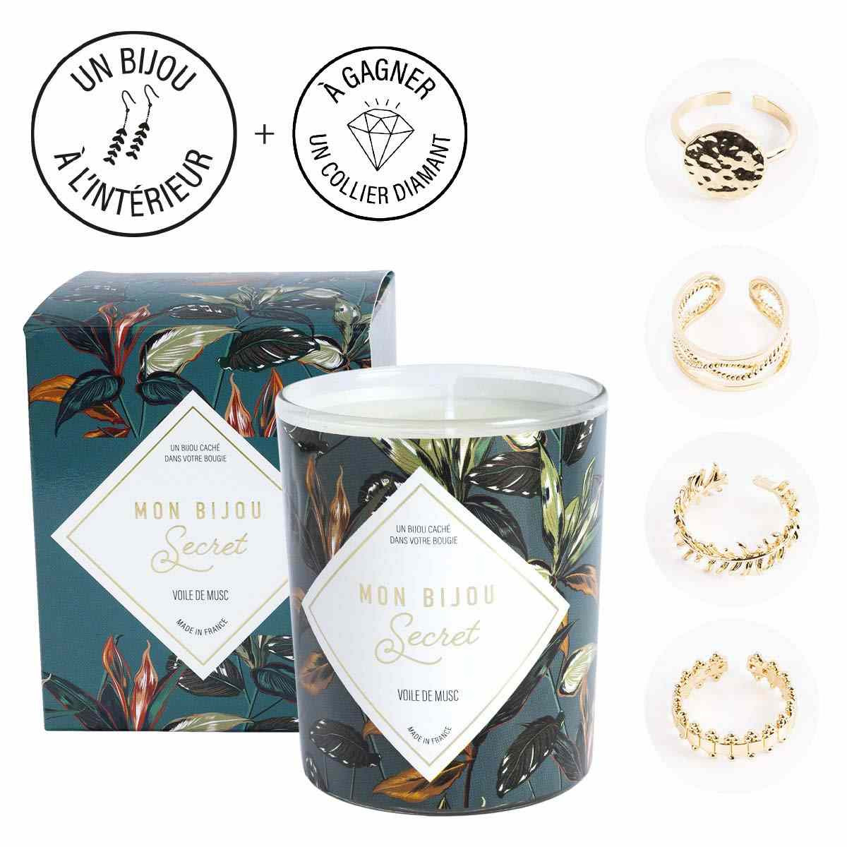 Bougie Bijou Bague Ajustable dorée - Parfum Voile de musc - 40h Bougie Bijou Bague Ajustable dorée - Parfum Voile de musc - 40h