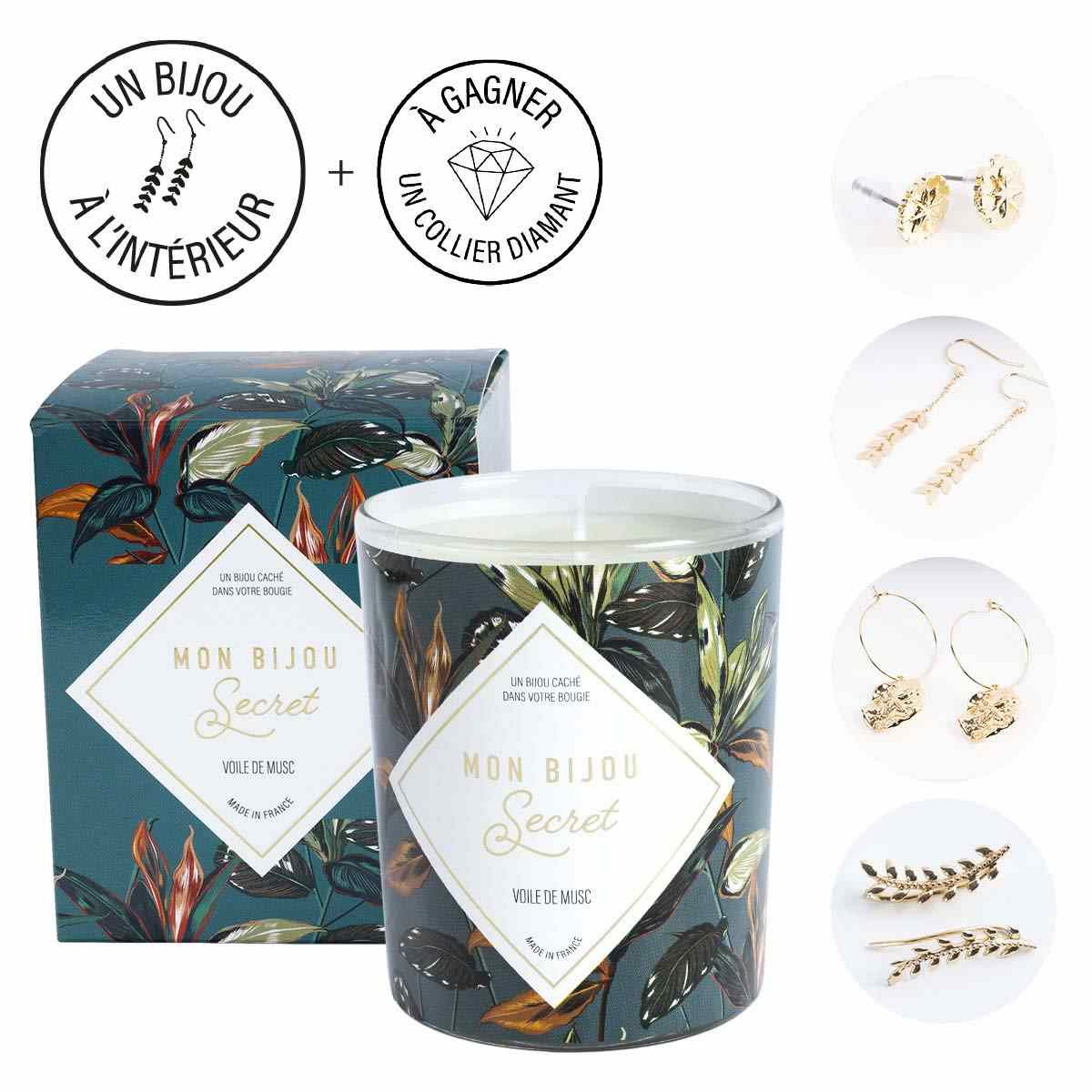 Bougie Bijou Boucles d'oreilles dorées -Parfum Voile de musc - 40h Bougie Bijou Boucles d'oreilles dorées - Parfum Voile de musc - 40h