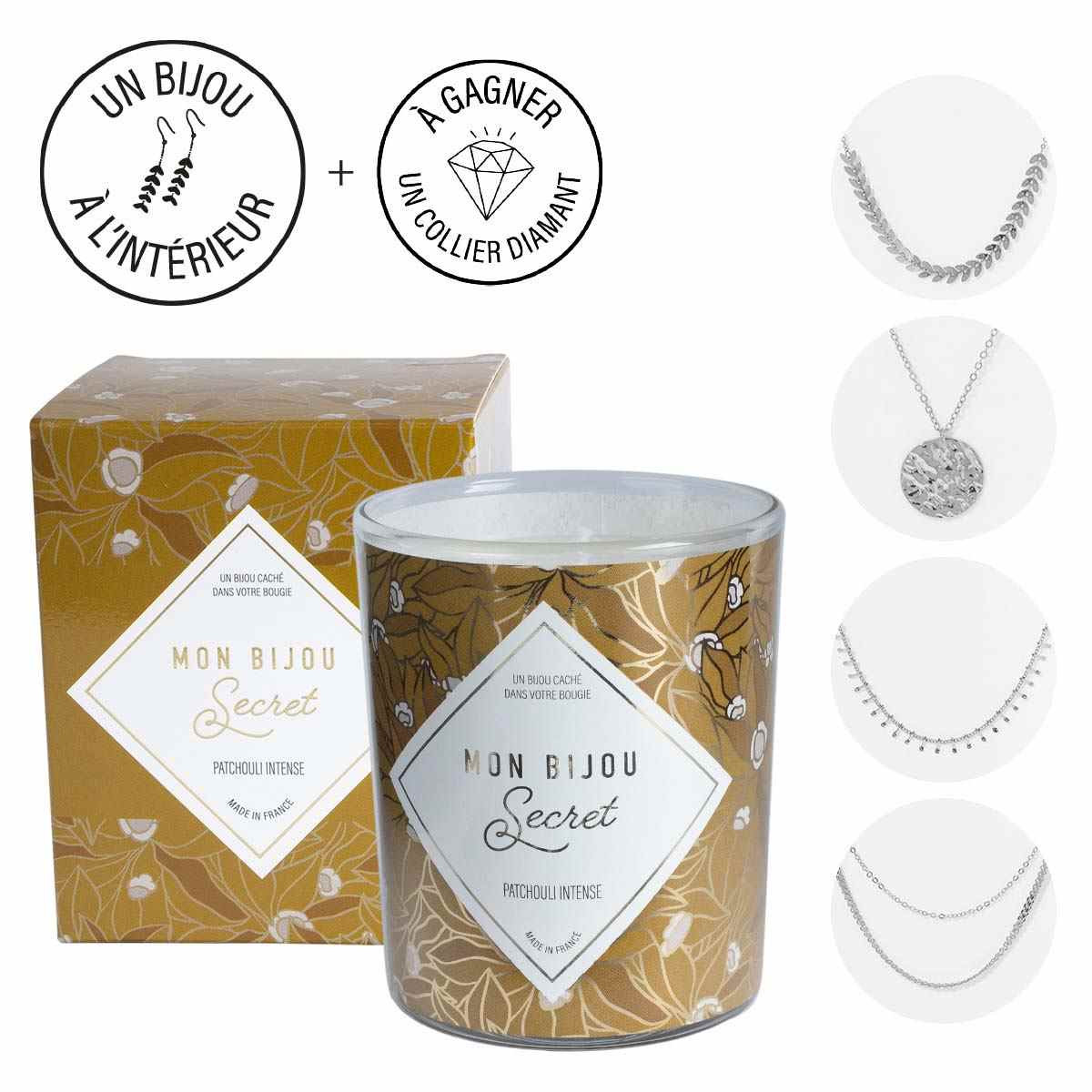 Bougie Bijou Collier argenté - Parfum Patchouli intense - 40h Bougie Bijou Collier argenté - Parfum Patchouli intense - 40h