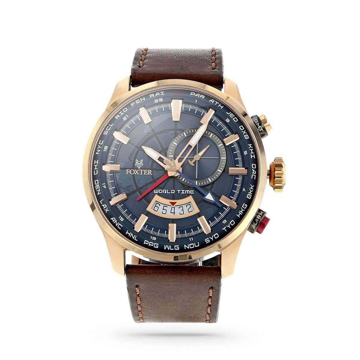 Montre Homme Foxter Avalone bracelet cuir marron, Boîtier Acier PVD Rose et fond bleu - FR6043C4BC2