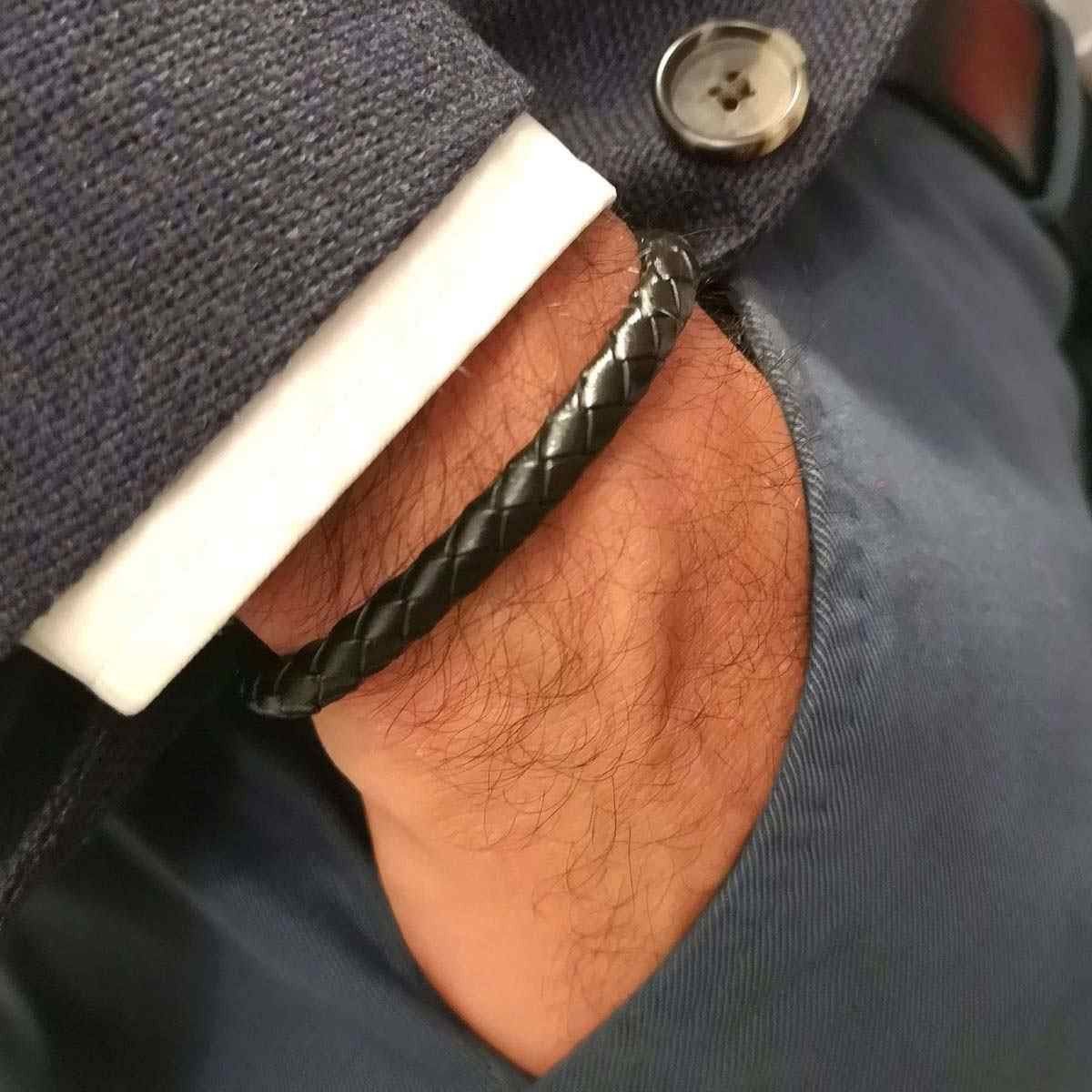 Bracelet Jonc Homme acier et cuir noir "ODO"