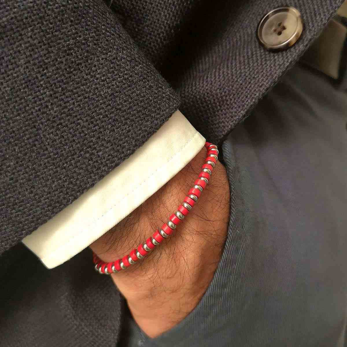 Bracelet Homme ajustable acier et perles de rocaille rouge "RED DISK STONE"