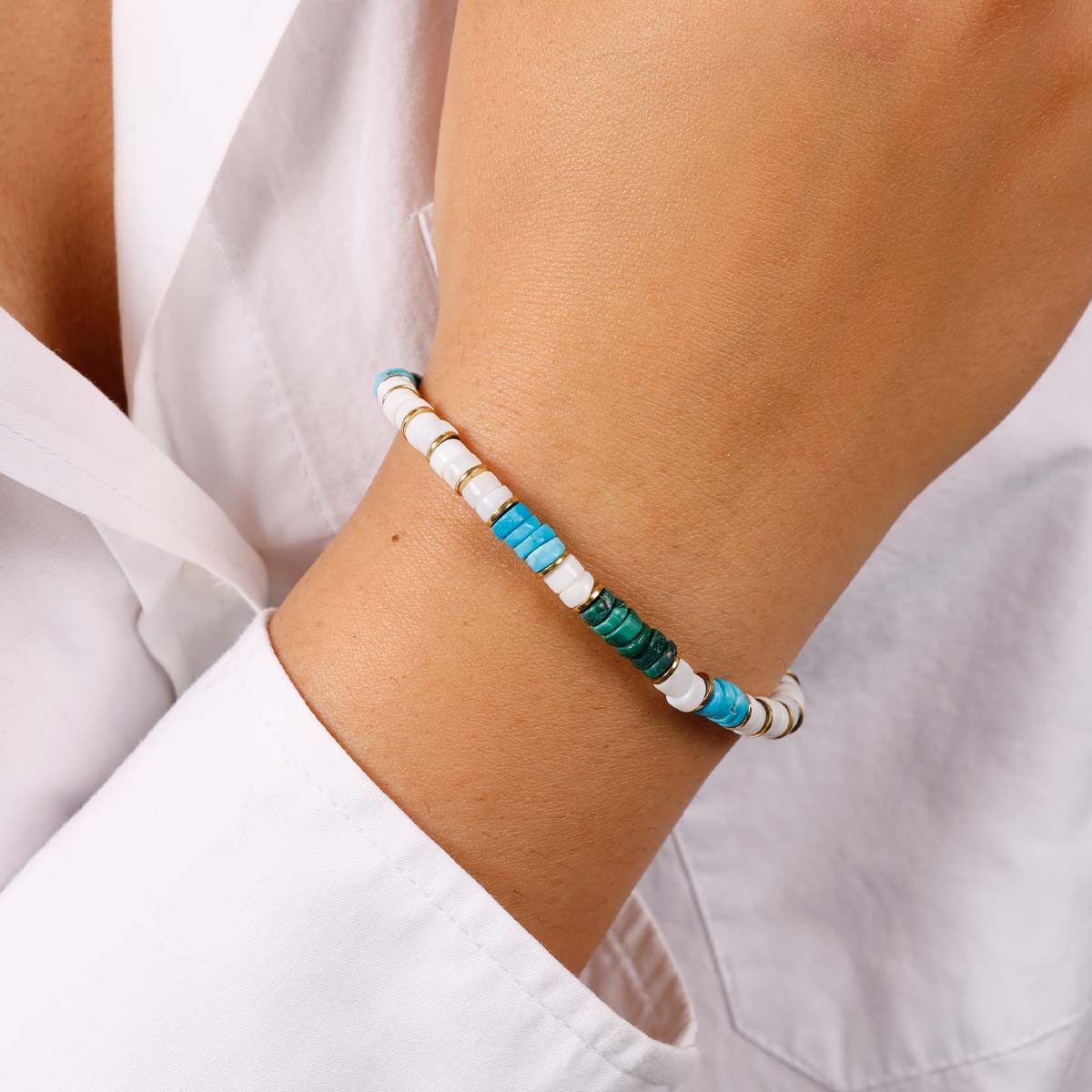 Bracelet "Yaretzi" Opale blanche, Malachite et Turquoise
