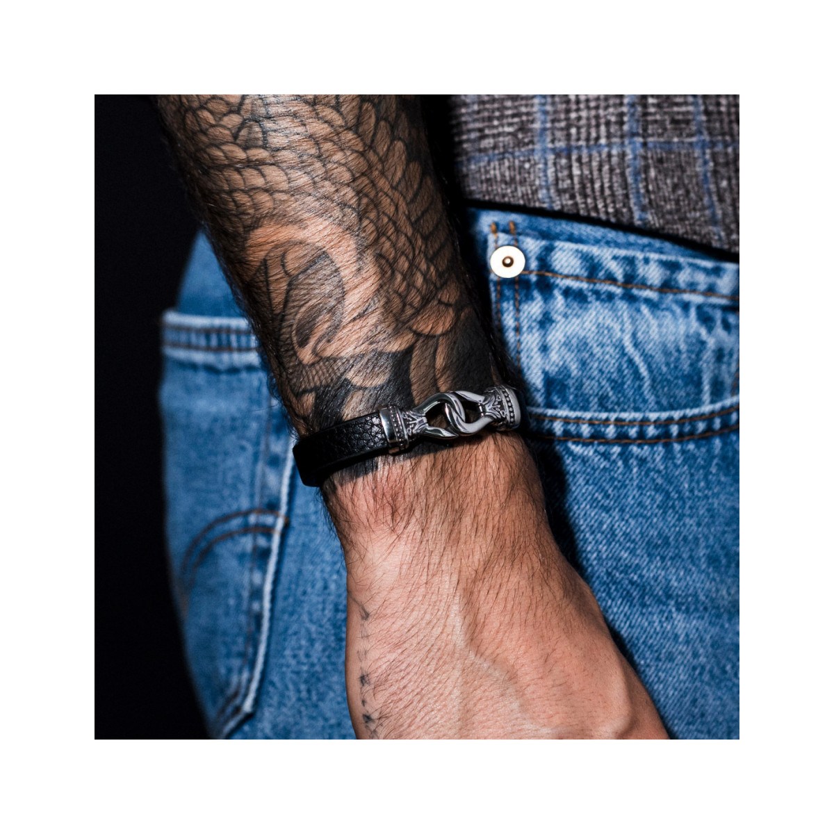 Bracelet Homme cuir noir et acier "Elyar" Taille L