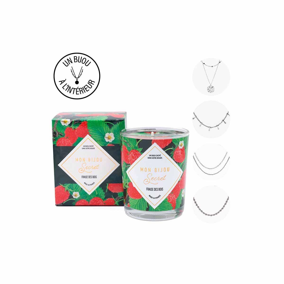 Bougie Bijou Collier argenté - Parfum Fraise des bois - 40h Bougie Bijou FRAISE DES BOIS Collier argenté
