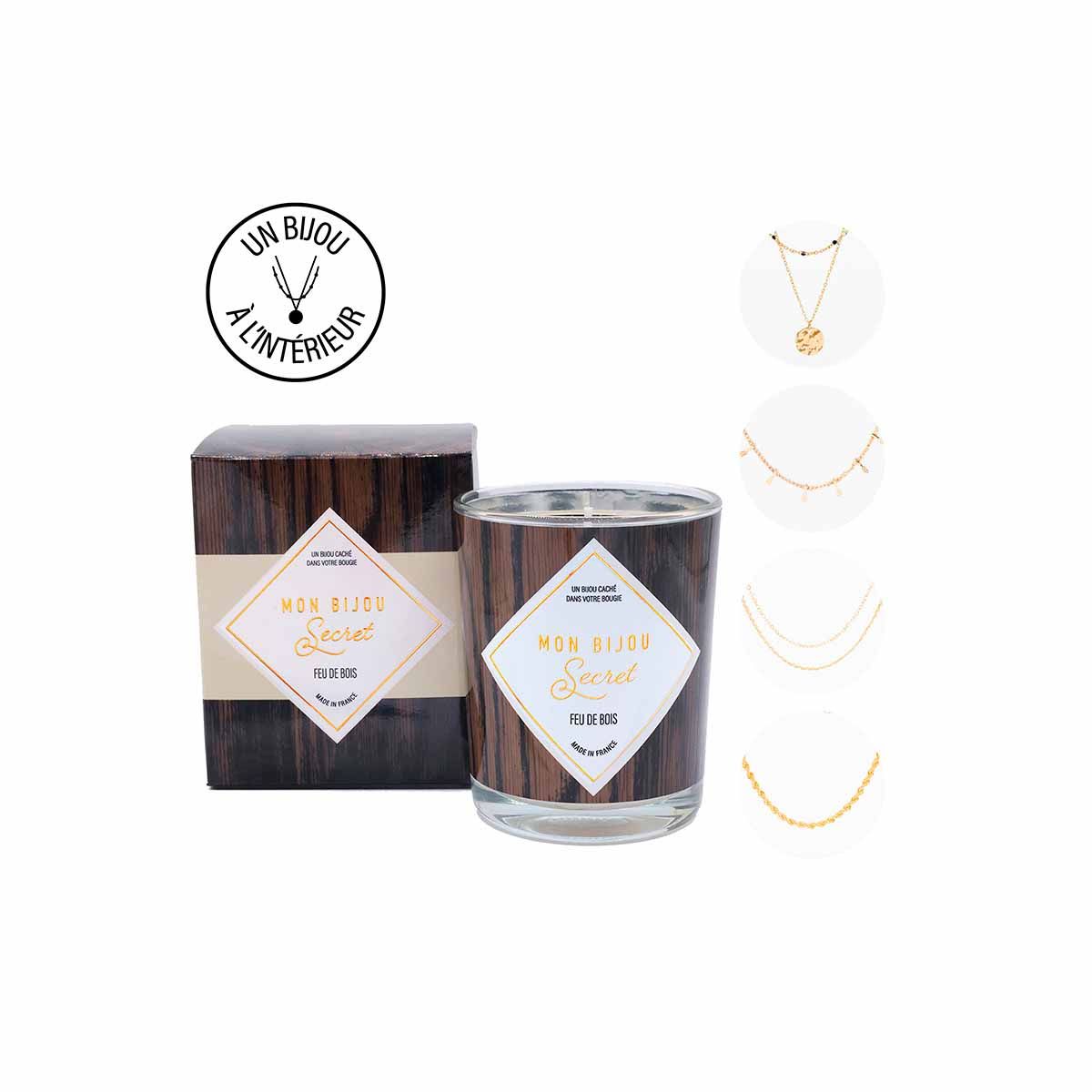 Bougie Bijou Collier doré - Parfum Feu de cheminée - 40h Bougie Bijou FEU DE CHEMINEE Collier doré