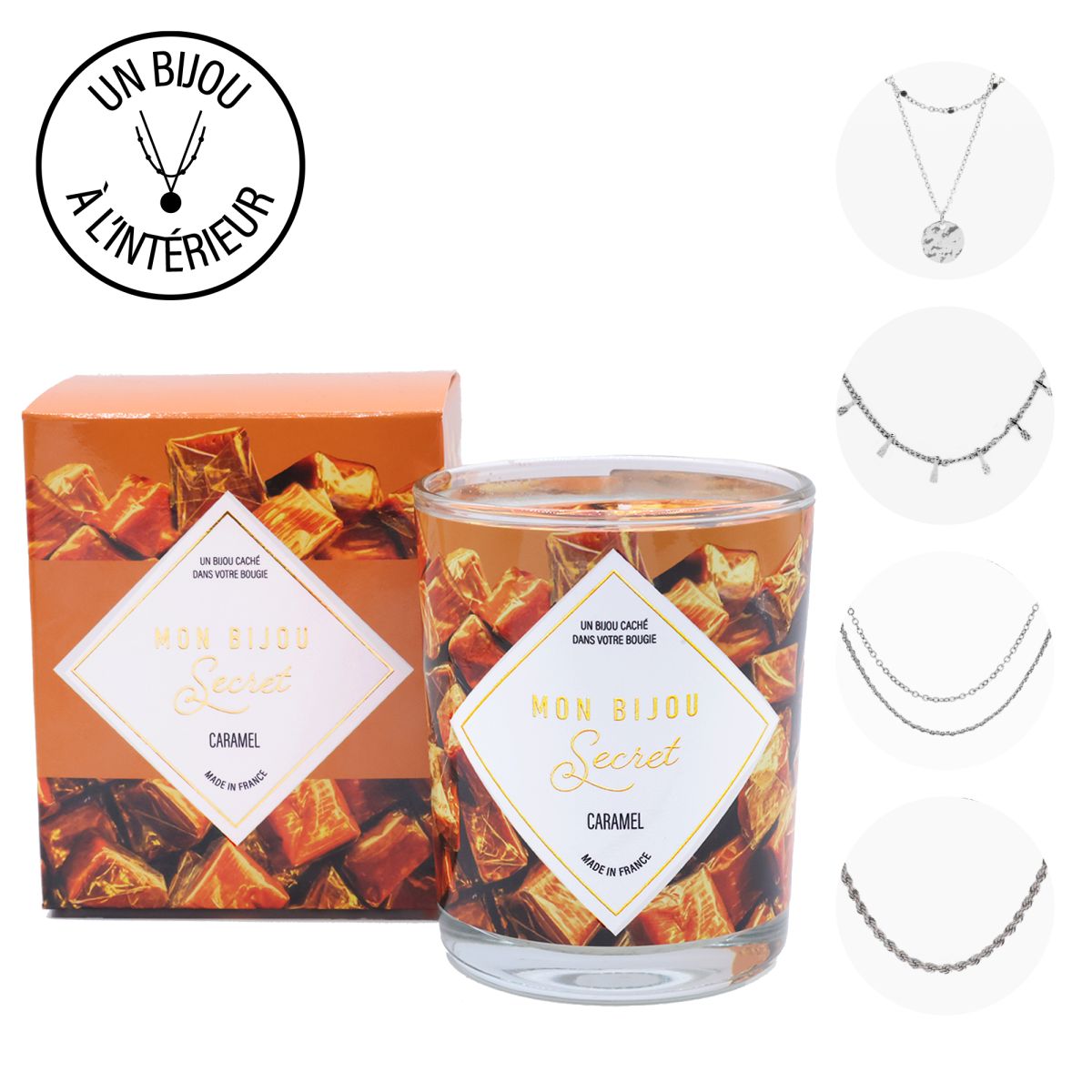 Bougie Bijou Collier argenté - Parfum Caramel gourmand - 40h