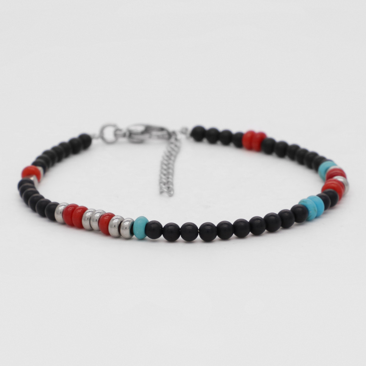 Bracelet Homme ajustable perles noir, rouge et turquoise 'Timeo'"Lioron" Bracelet Homme ajustable perles noir, rouge et turquoise 'Timeo'"Lioron"