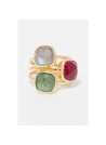 Bague "Cyclique" Aventurine verte, Labradorite, Rubis Laiton doré