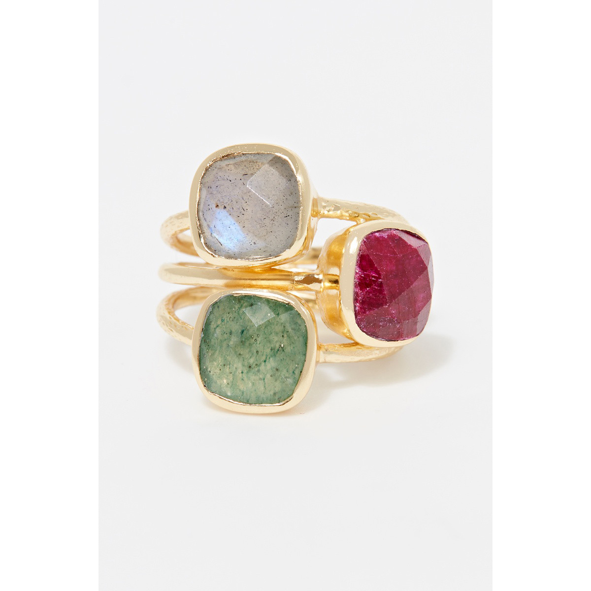 Bague "Cyclique" Aventurine verte, Labradorite, Rubis Laiton doré Bague "Cyclique" Aventurine verte, Labradorite, Rubis Laiton doré