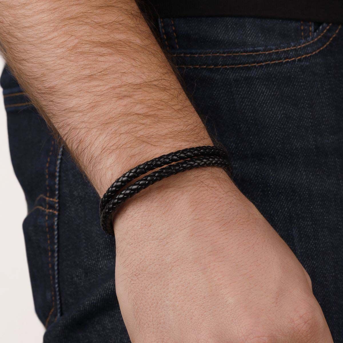 Bracelet Homme double cordon en cuir noir "Theron" Taille L