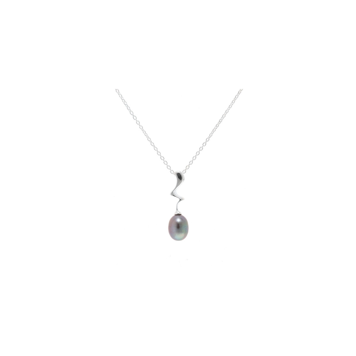 Pendentif argent, oxydes de zirconium et perle de culture Noire "Zig-Zag" + chaîne argent offerte