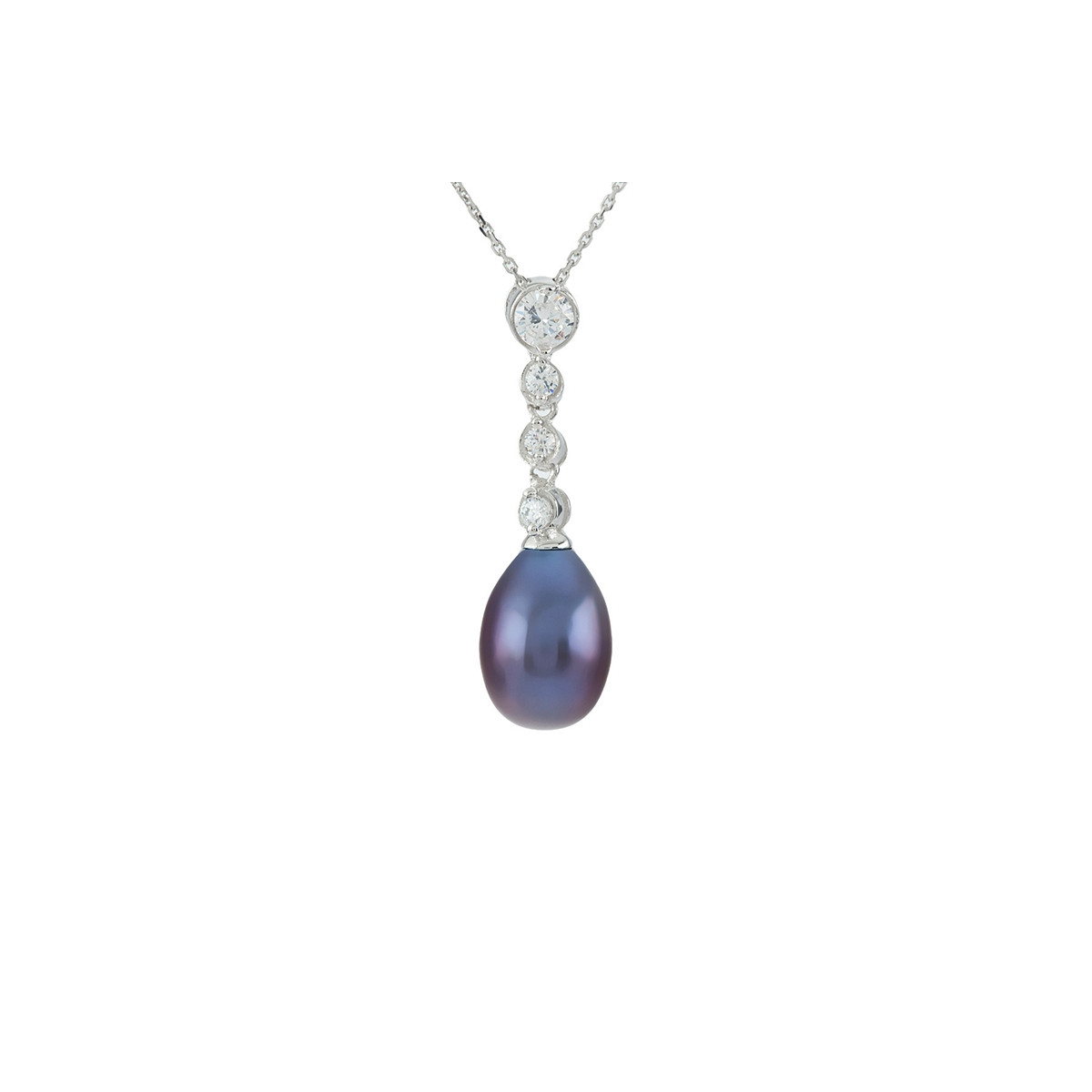 Pendentif argent, oxydes de zirconium et perle de culture Noire "Suspended Pearl" + chaîne argent offerte