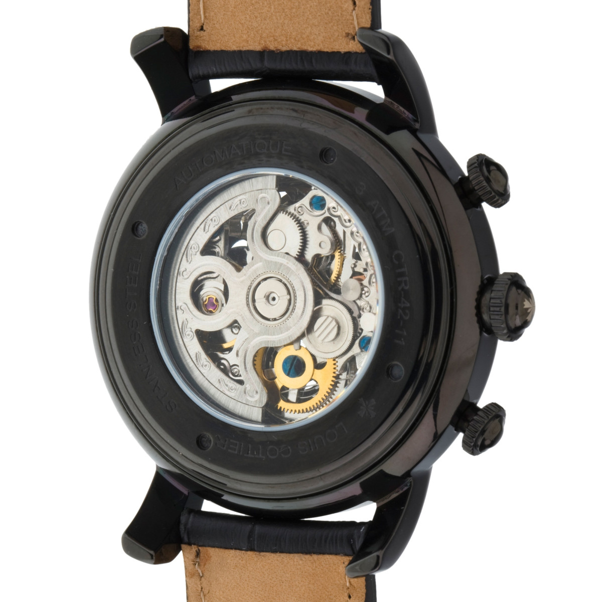 Louis Cottier - Montre Skeleton Automatique Cadran Noir - Boîtier Acier PVD Noir 42 mm - Bracelet Cuir Noir - Homme