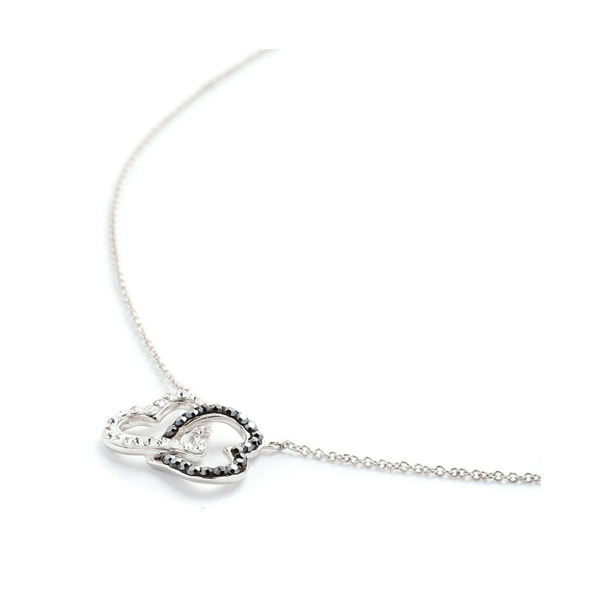 Collier laiton Argenté orné de cristaux Noir et Blanc "Cœurs Enlacés"