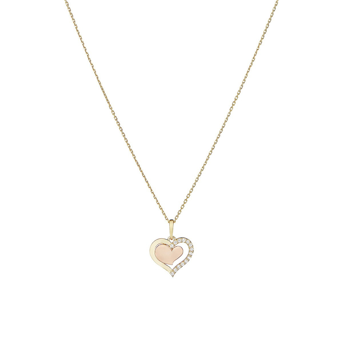 Pendentif en Or Bicolore 375/1000ème poids de l'or de 0,49 g, serti d'Oxyde de zirconium chaîne en argent Pendentif Cœur Or Bicolore et oxydes de zirconium "Crazy You" + chaîne vermeil jaune offerte