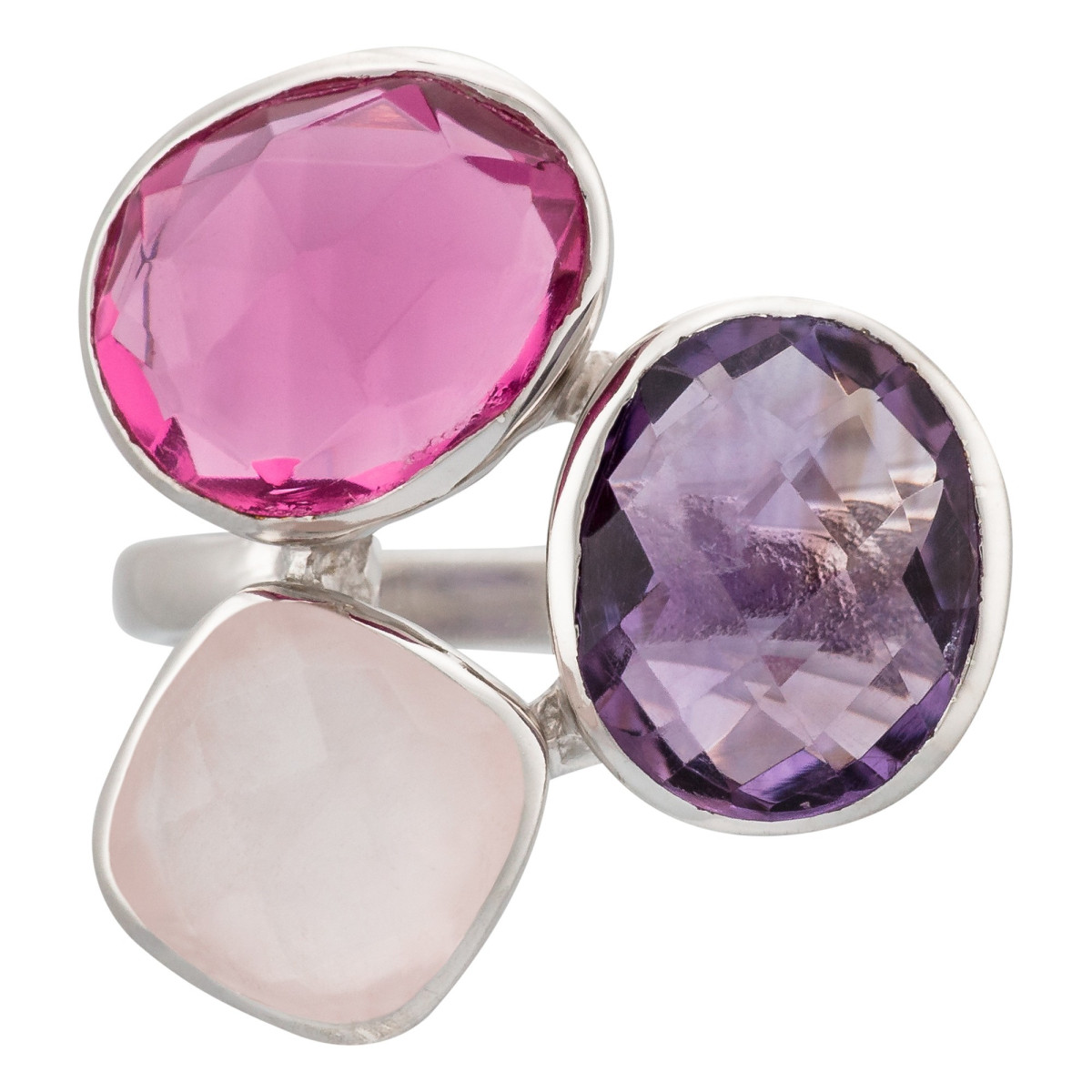 Bague "Equilibre" Quartz rose, Verre facetté violette et rose Laiton