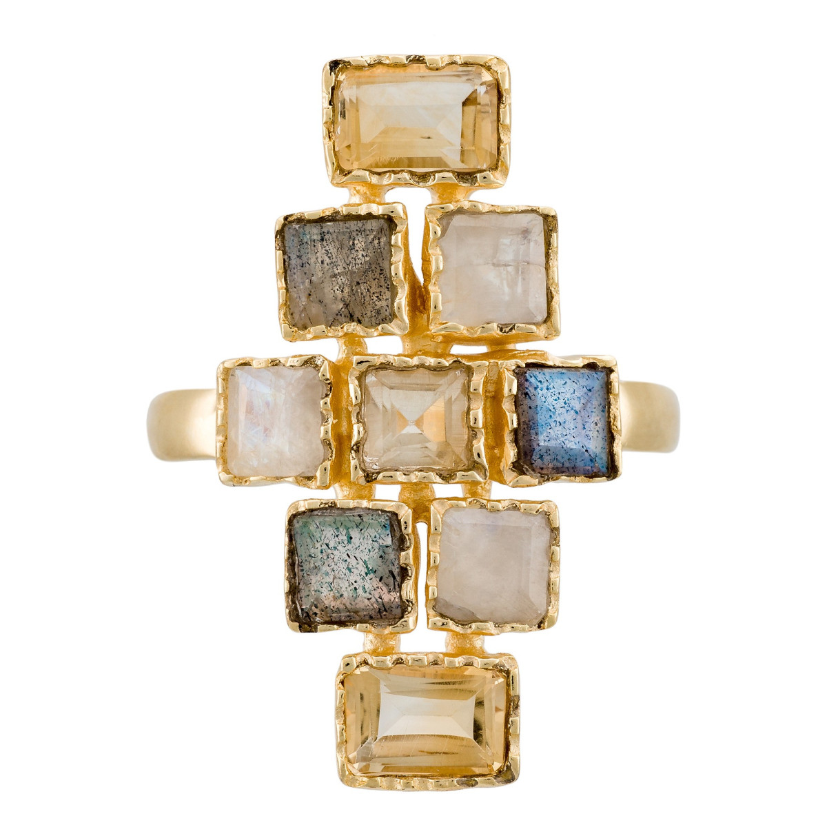 Bague "Équinoxe" Labradorite gris et Pierre de lune Laiton doré