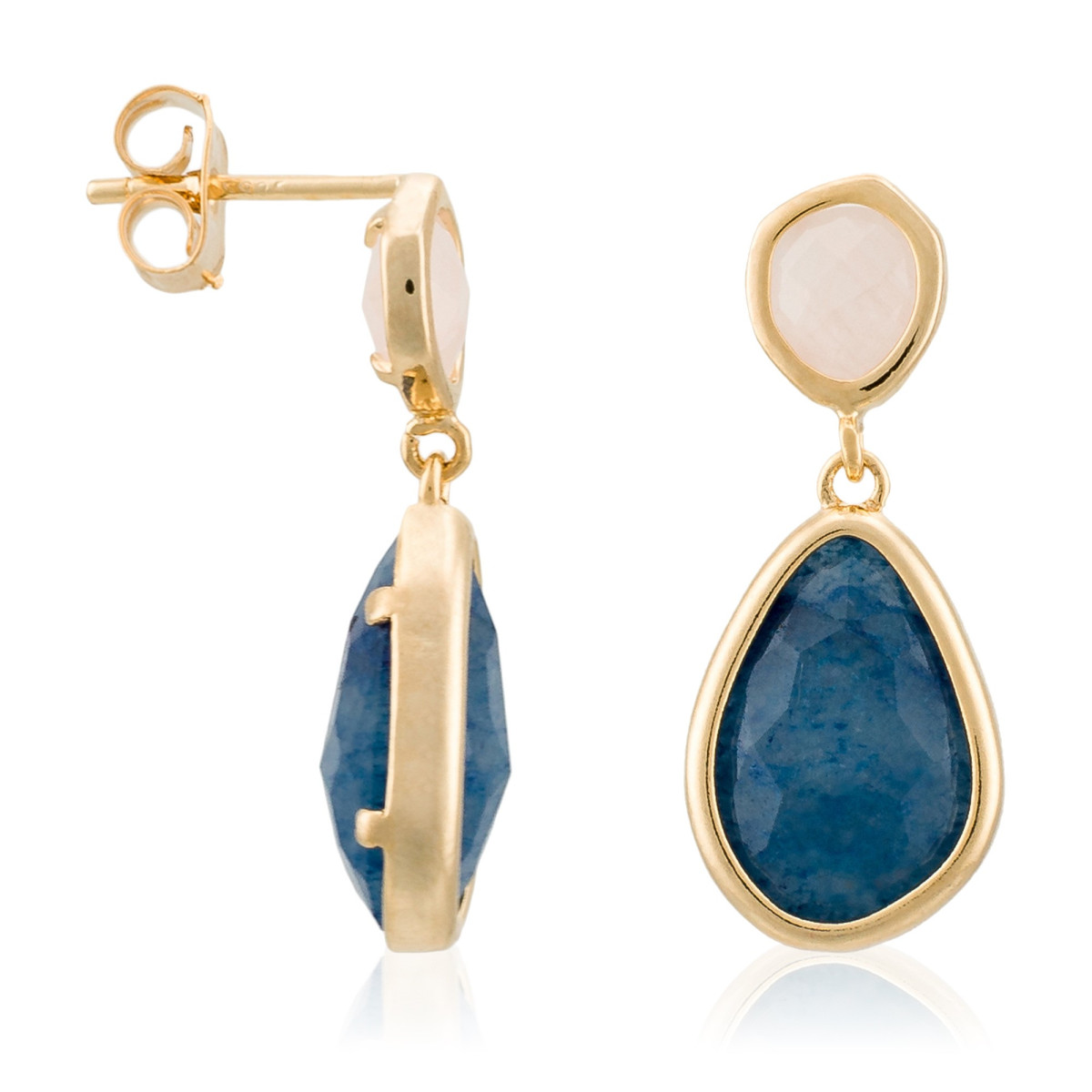 Boucles d'oreilles "Vélocia" Aventurine bleu et Quartz rose Laiton doré