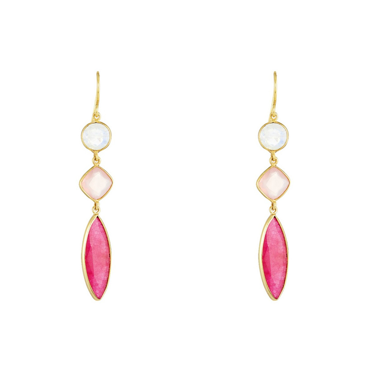 Boucles d'oreilles Pauline doré et calcédoine, aventurine, pierre de lune rose et rouge Boucles d'oreilles "Saisonis" Calcédoine rose Laiton doré