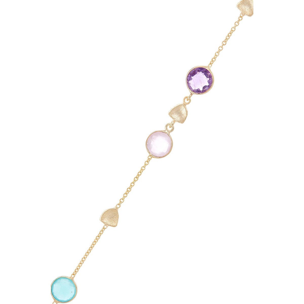 Bracelet Augustine doré et améthyste, quartz, aqua calci multicouleurs Bracelet chaine laiton doré monté d'une Améthyste violette, d'un Quartz rose et d'une Aqua calci bleue "Augustine"