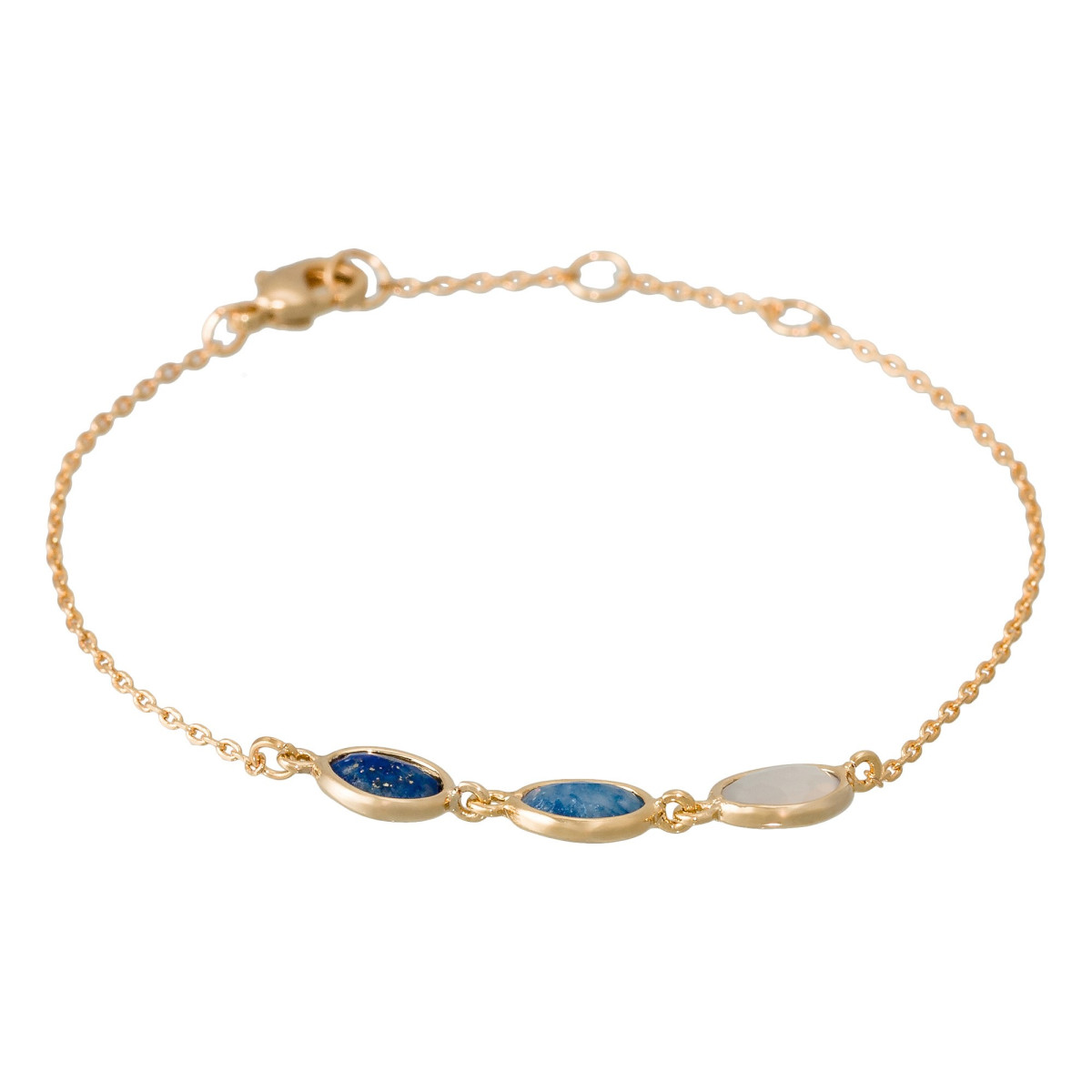 Bracelet Aurore doré et lapis, aventurine, agathe bleue et grise Bracelet chaine laiton doré monté d'un lapis bleu, d'une aventurine et d'une agathe bleue "Aurore"