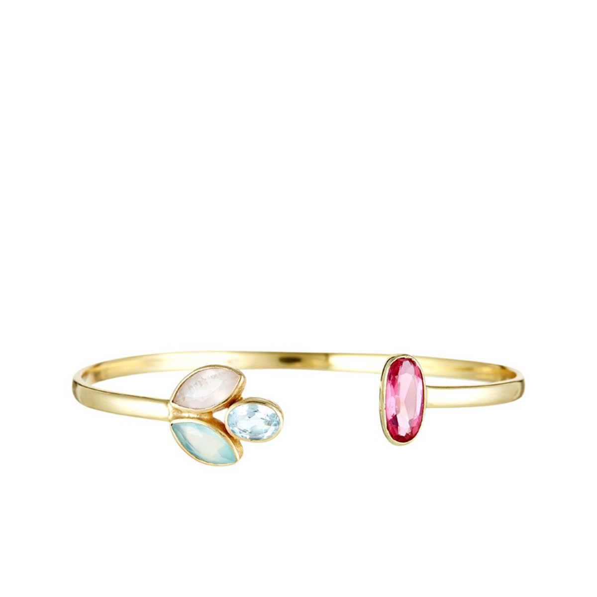 Bracelet Roséna doré et calcédoines, topaze, aventurine multicouleurs Bracelet "Zéphyrae" Calcédoines blanche et rose & Topaze bleue Laiton doré