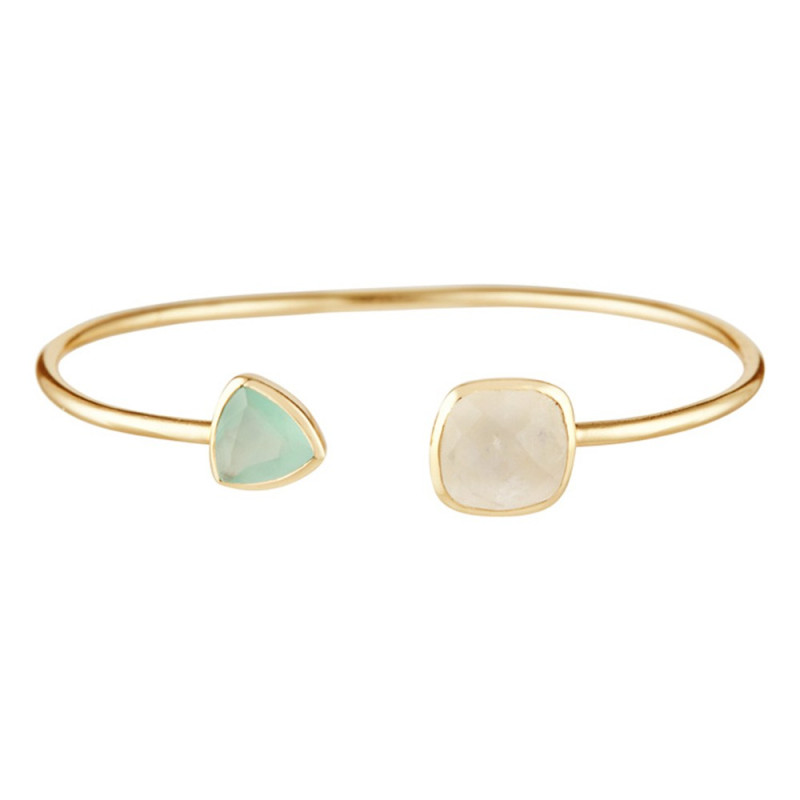 Bracelet jonc ouvert laiton doré monté d'une pierre de lune et d'une Aqua calci blanche  Talia 