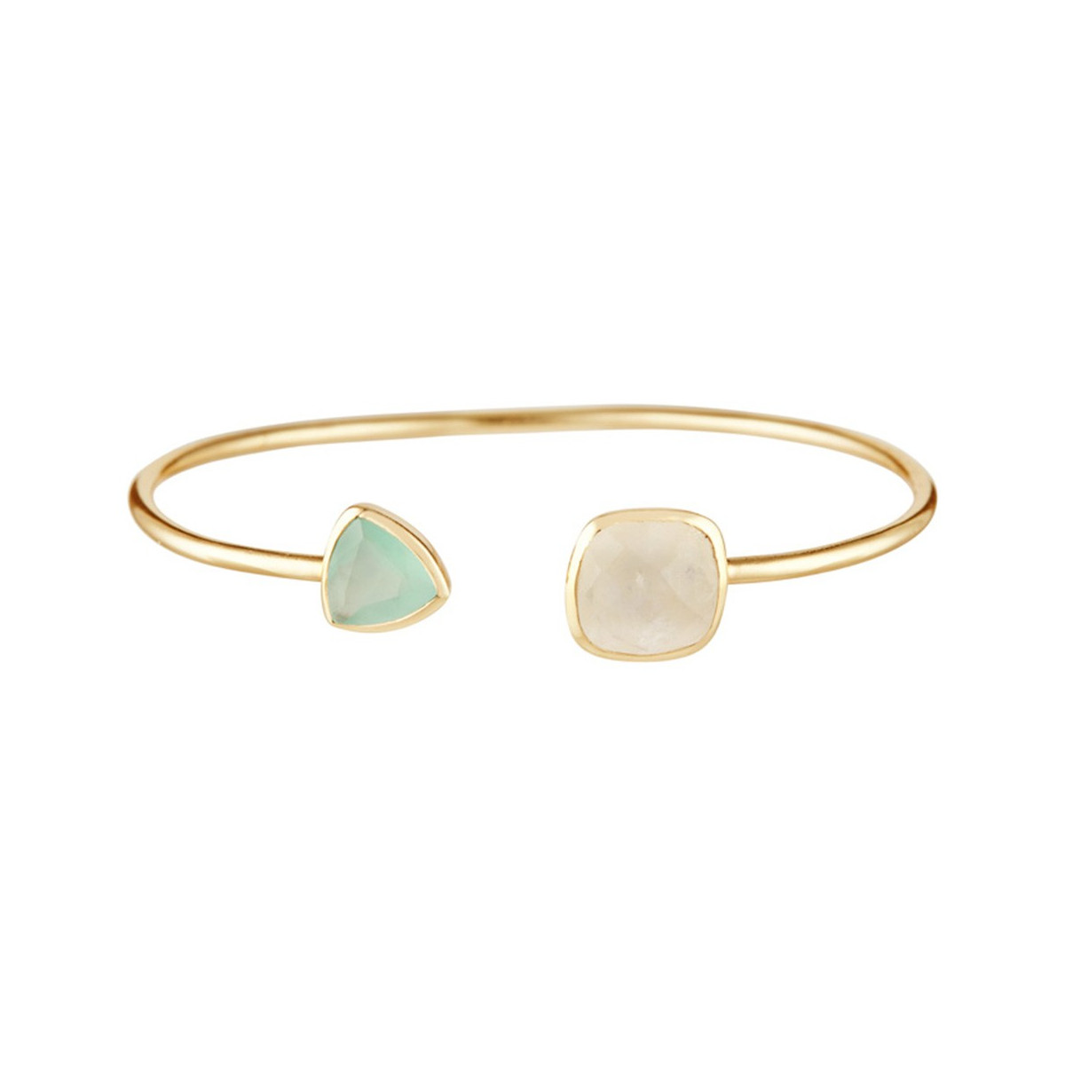 Bracelet Talia doré et pierre de lune, aqua calci blanche et verte Bracelet jonc ouvert laiton doré monté d'une pierre de lune et d'une Aqua calci blanche "Talia"