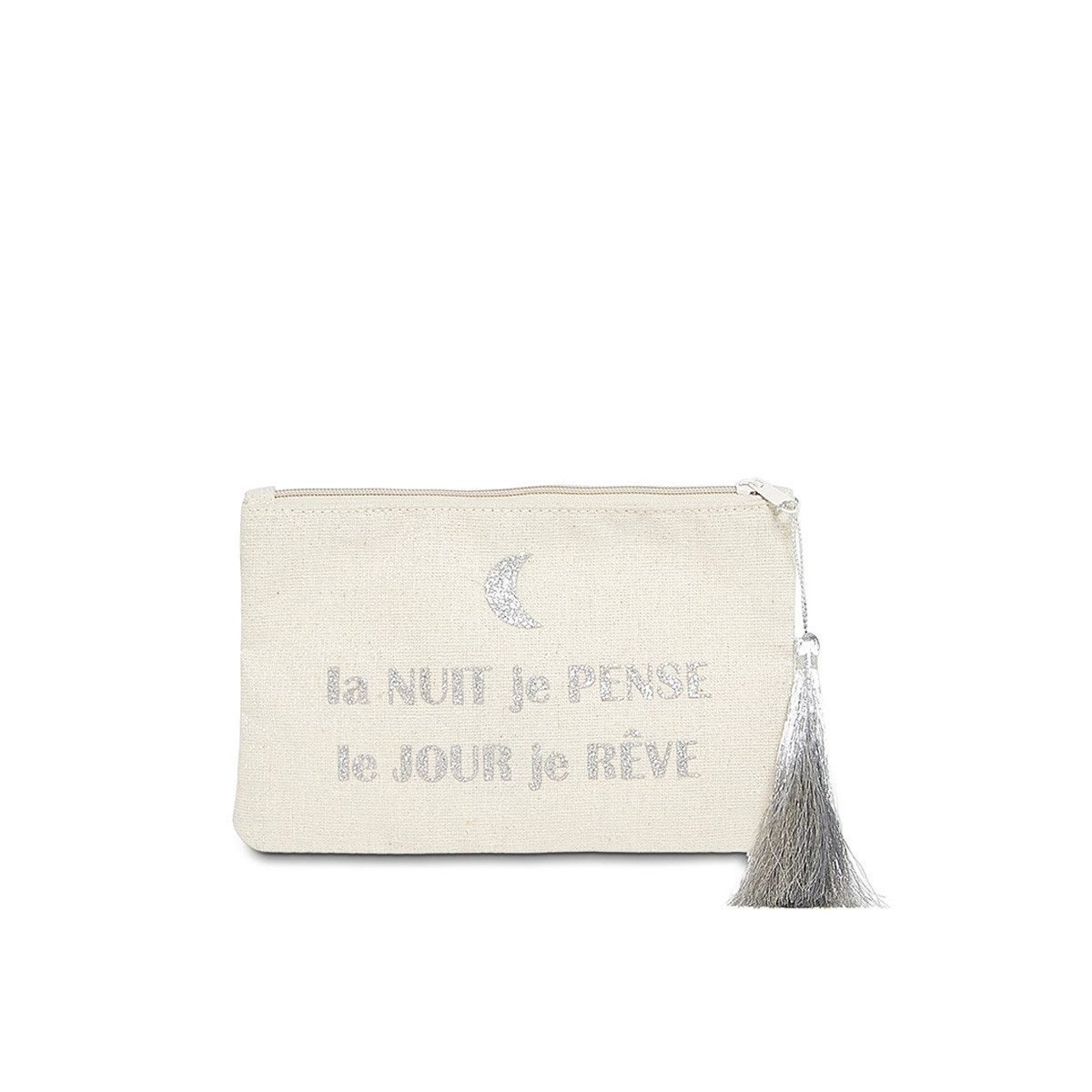 Pochette à message "LA NUIT JE PENSE ET LE JOUR JE RÊVE" Beige et Argenté - 17,5 x 11,5 x 1 cm Petite pochette à message beige "LA NUIT JE PENSE LE JOUR JE REVE" argenté