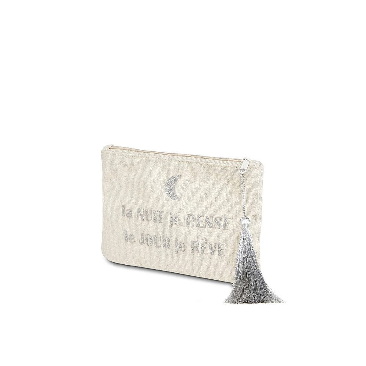 Petite pochette à message beige "LA NUIT JE PENSE LE JOUR JE REVE" argenté