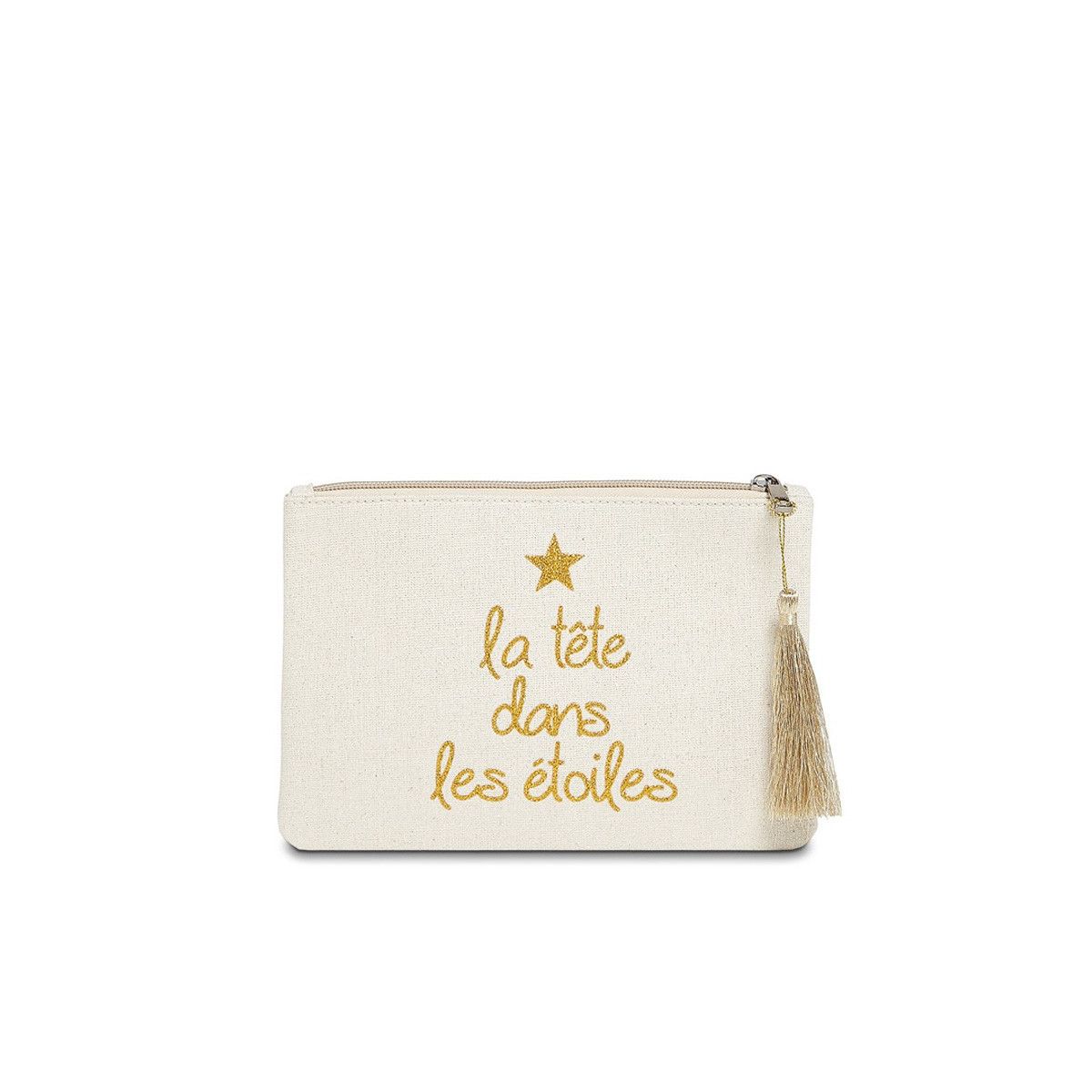 Grande pochette à message "LA TÊTE DANS LES ÉTOILES" Beige et Doré