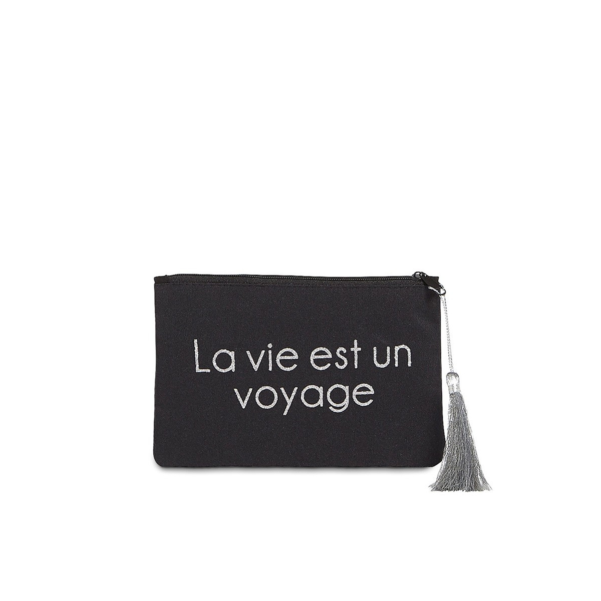 Pochette à message "LA VIE EST UN VOYAGE" Noire et Argenté - 17,5 x 11,5 x 1 cm Petite pochette à message "LA VIE EST UN VOYAGE" Noire et Argenté