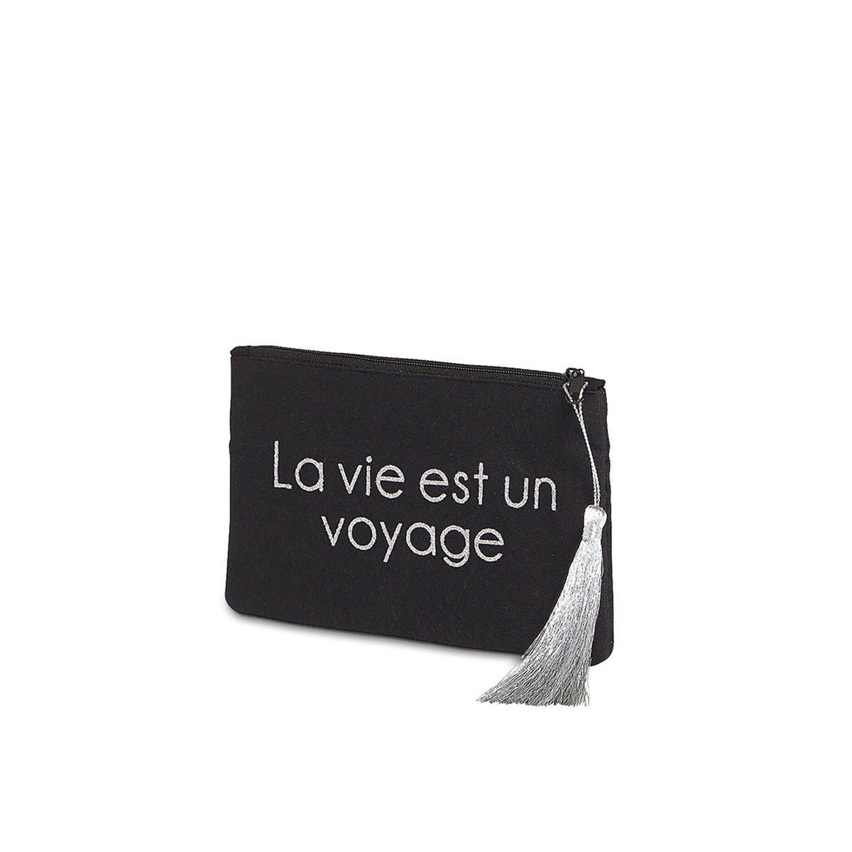 Petite pochette à message "LA VIE EST UN VOYAGE" Noire et Argenté